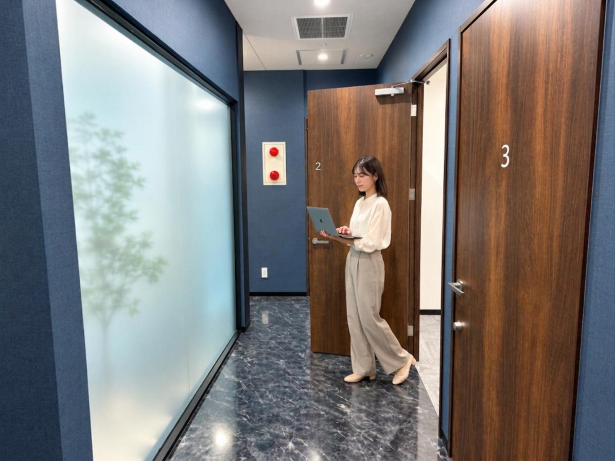 木目調ドアの高級感とすりガラスの開放感が調和。落ち着いたモダンな空間が、日々のビジネスを支えます。